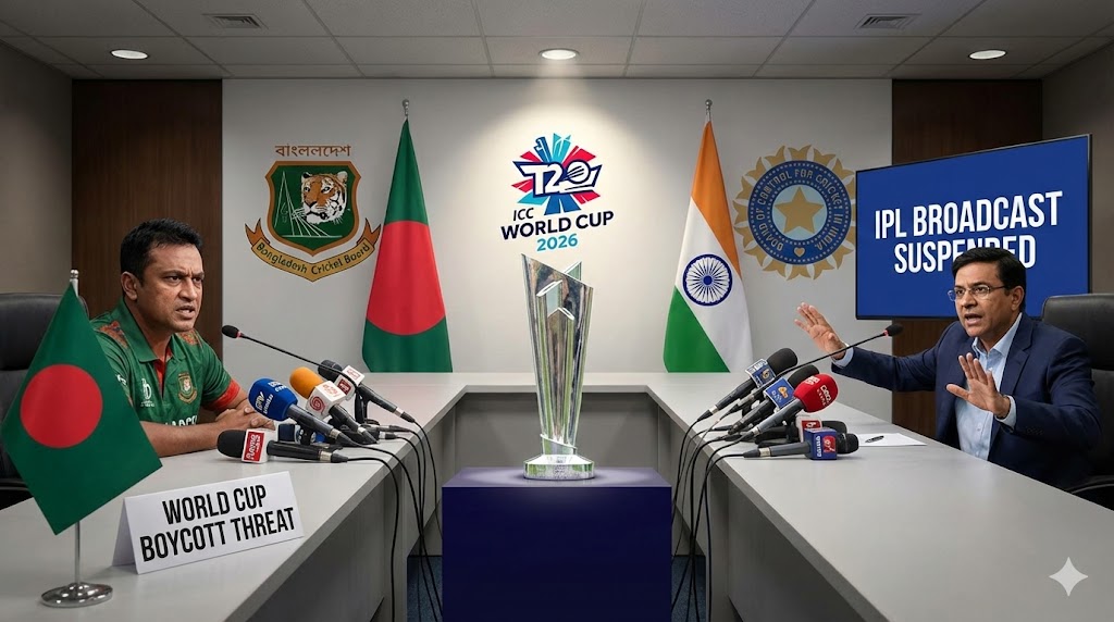 A tense press conference scene with two men seated at a long table, separated by a 2026 ICC T20 World Cup trophy. On the left, a man in a Bangladesh cricket jersey sits in front of a Bangladesh flag and a placard reading "WORLD CUP BOYCOTT THREAT". On the right, a man in a suit sits before an Indian flag and a screen displaying "IPL BROADCAST SUSPENDED". Microphones from various news agencies are present.