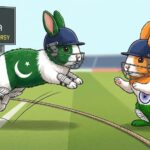 "Bunny Hop" Catch Controversy: A cartoon illustration on a cricket field shows a rabbit painted with the Pakistan flag, wearing a helmet and pads, hopping over a boundary rope near a cricket ball. Opposite it, a rabbit painted with the Indian flag, also in cricket gear, gestures with its paws. A scoreboard in the background reads "INDIA A VS PAKISTAN A - CATCH CONTROVERSY".