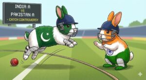 "Bunny Hop" Catch Controversy: A cartoon illustration on a cricket field shows a rabbit painted with the Pakistan flag, wearing a helmet and pads, hopping over a boundary rope near a cricket ball. Opposite it, a rabbit painted with the Indian flag, also in cricket gear, gestures with its paws. A scoreboard in the background reads "INDIA A VS PAKISTAN A - CATCH CONTROVERSY".