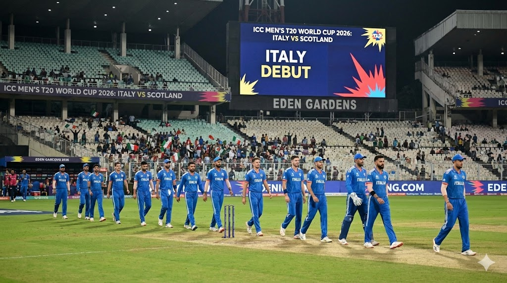 The Italian national cricket team, wearing blue jerseys with "ITALIA" across the chest, walks in a line onto the green field at Eden Gardens stadium at night. A large digital scoreboard in the background reads "ICC MEN'S T20 WORLD CUP 2026: ITALY VS SCOTLAND" and "ITALY DEBUT" in bold letters. Spectators are visible in the stands.
